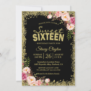 Sweet 16 Party - Black Gold Glitters Pink Floral Kaart
