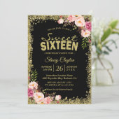 Sweet 16 Party - Black Gold Glitters Pink Floral Kaart (Staand voorkant)