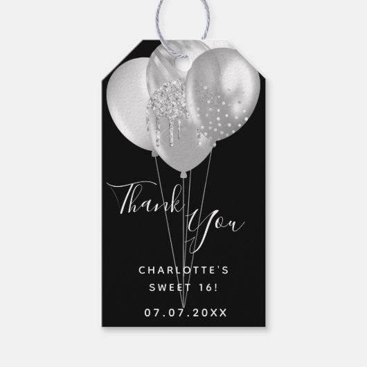Sweet 16 party Black Silver Ballon bedankt Cadeaulabel (Voorkant)