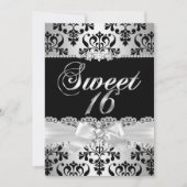 Sweet 16 Party Black Silver Damask Pearl Bow Kaart (Voorkant)
