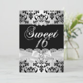 Sweet 16 Party Black Silver Damask Pearl Bow Kaart (Staand voorkant)