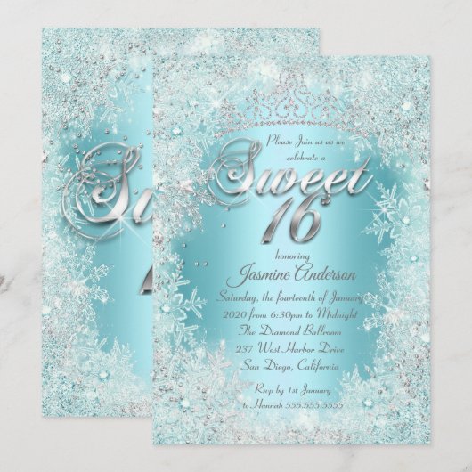 Sweet 16 Party Blauwgroen blue Silver Winter Wonde Kaart (Voorkant / Achterkant)