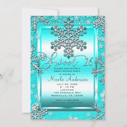 SWEET 16 Party Blauwgroen Glitter Glam Winter Snee Kaart (Voorkant)