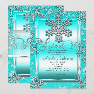 SWEET 16 Party Blauwgroen Glitter Glam Winter Snow Kaart