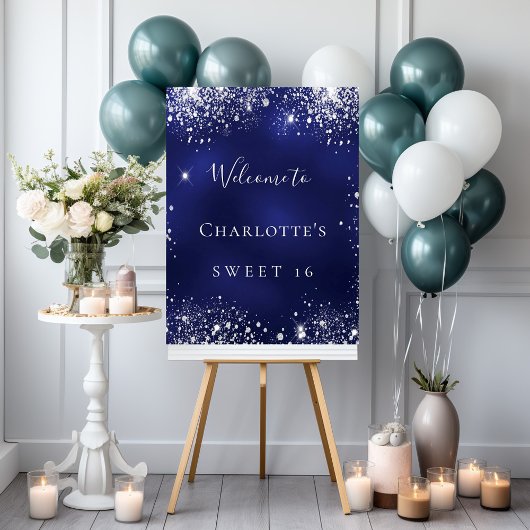 Sweet 16 party blue zilveren glitter sparkle Welko Poster