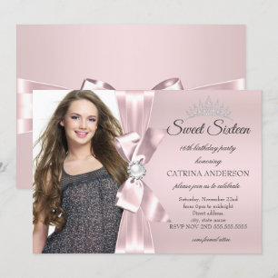 Sweet 16 Party blush Pink Foto Diamond Bow Tiara Kaart