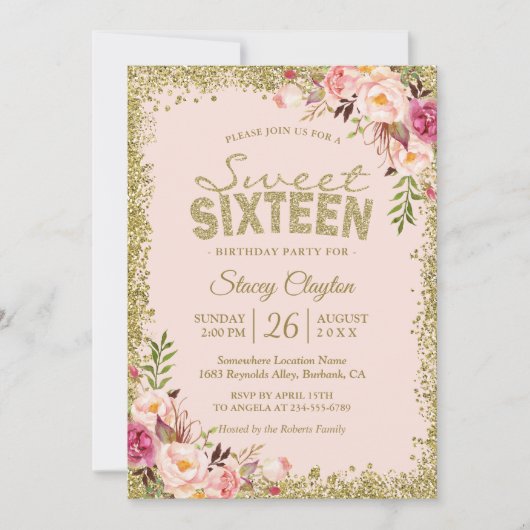 Sweet 16 Party - Blush Pink Gold Glitters Floral Kaart (Voorkant)