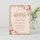 Sweet 16 Party - Blush Pink Gold Glitters Floral Kaart (Staand voorkant)