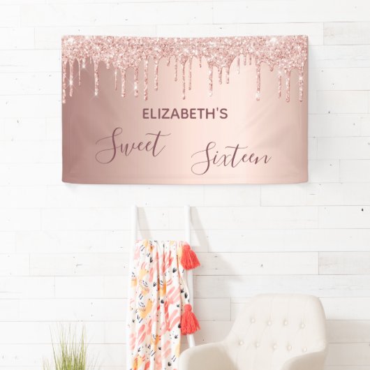 Sweet 16-party blush roos gouddruppels spandoek (Insitu)
