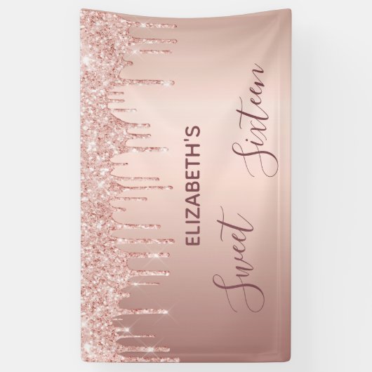 Sweet 16-party blush roos gouddruppels spandoek (Verticaal)