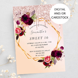 Sweet 16-party Bourgogne roos goudglitter Kaart