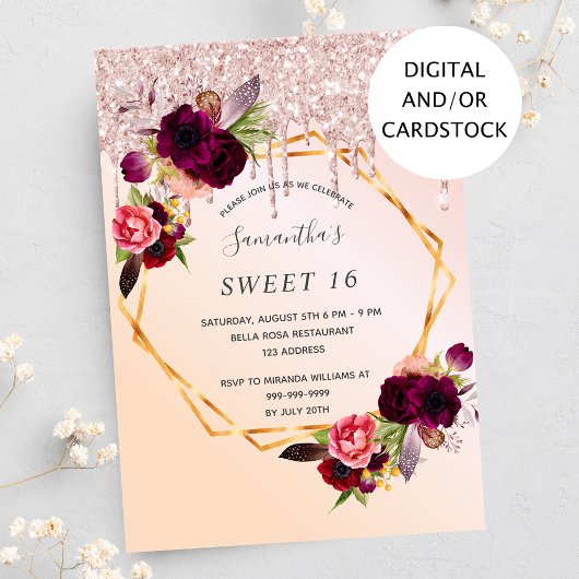 Sweet 16-party Bourgogne roos goudglitter Kaart