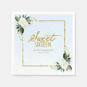Sweet 16 Party Dusty Blue Gold Foil Floral Servet