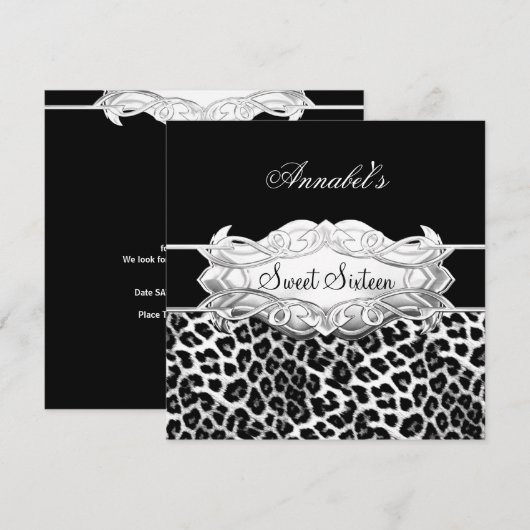 Sweet 16 Party Elegant Black White Leopard Kaart (Voorkant / Achterkant)