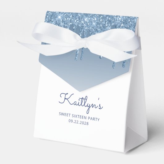 Sweet 16 Party Elegant Blue Glitter Drip Script Bedankdoosjes (Voorkant Zijde)