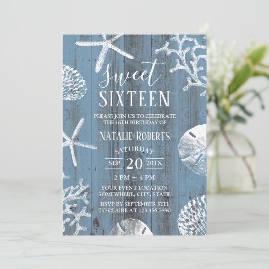 Sweet 16 Party Elegant Dusty Blue Beach Starfish Kaart (Staand voorkant)