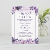 Sweet 16 Party Elegant Waterverf Paars Floral Kaart (Staand voorkant)