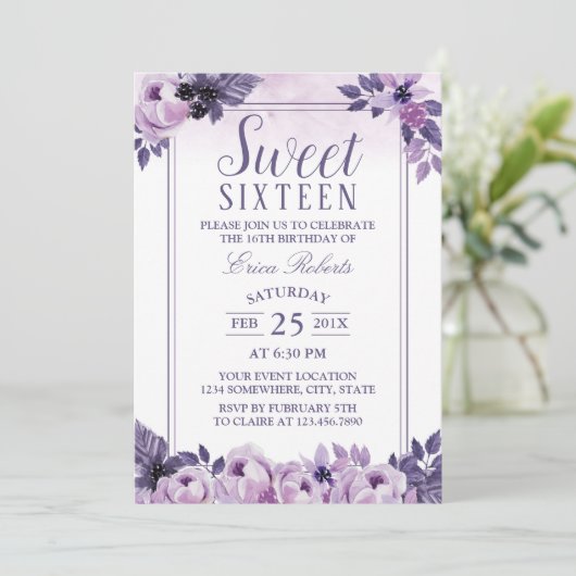 Sweet 16 Party Elegant Waterverf Paars Floral Kaart (Staand voorkant)