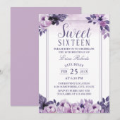 Sweet 16 Party Elegant Waterverf Paars Floral Kaart (Voorkant / Achterkant)