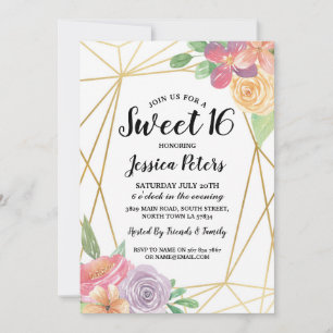 Sweet 16 Party Floral Gold Lijst Summer Invite Kaart