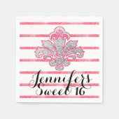 Sweet 16-party Fx Silver Damask Pink Paper Napkins Servetten (Voorkant)
