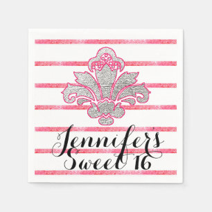 Sweet 16-party Fx Silver Damask Pink Paper Napkins Servetten