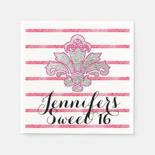 Sweet 16-party Fx Silver Damask Pink Paper Napkins Servetten (Voorkant)