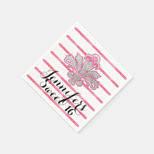 Sweet 16-party Fx Silver Damask Pink Paper Napkins Servetten (Hoek)