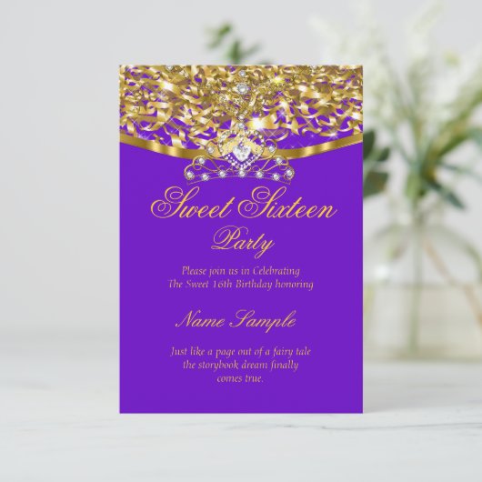 Sweet 16 Party Glitter Paars Gold Invitation Kaart (Staand voorkant)