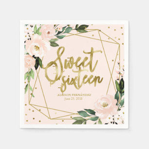 Sweet 16 Party Gold Foil Blush Pink Floral Servet
