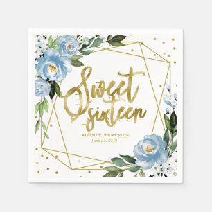 Sweet 16 Party Gold Foil Dusty Blue Floral Napkins Servet