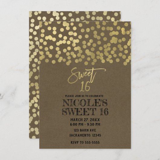 Sweet 16 Party Gold Foil Modern Chic Rustic Kraft Kaart (Voorkant / Achterkant)