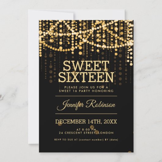 Sweet 16 Party Gold String Lights Kaart (Voorkant)