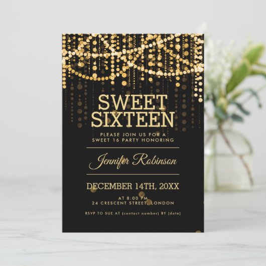 Sweet 16 Party Gold String Lights Kaart (Staand voorkant)