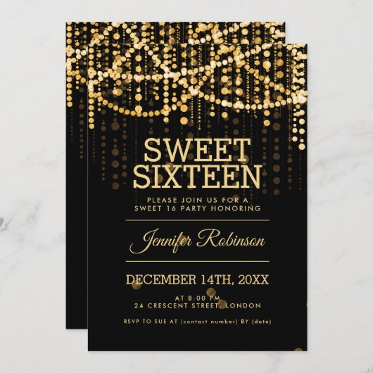 Sweet 16 Party Gold String Lights Kaart (Voorkant / Achterkant)