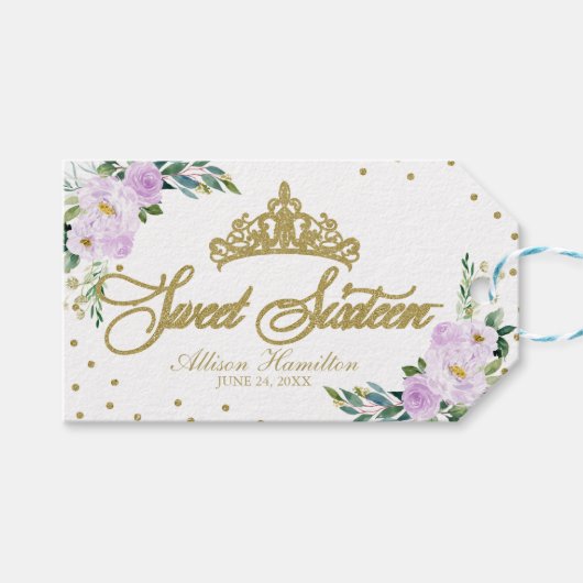 Sweet 16 Party Gold Tiara Lavender Floral Cadeaulabel (Voorkant (Horizontaal))