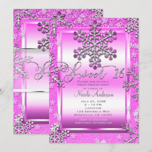 SWEET 16 Party Hot Pink Glitter Winter Snowflakes Kaart