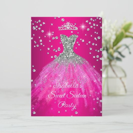 Sweet 16 Party HOT Roze jurk TIARA Kaart (Staand voorkant)