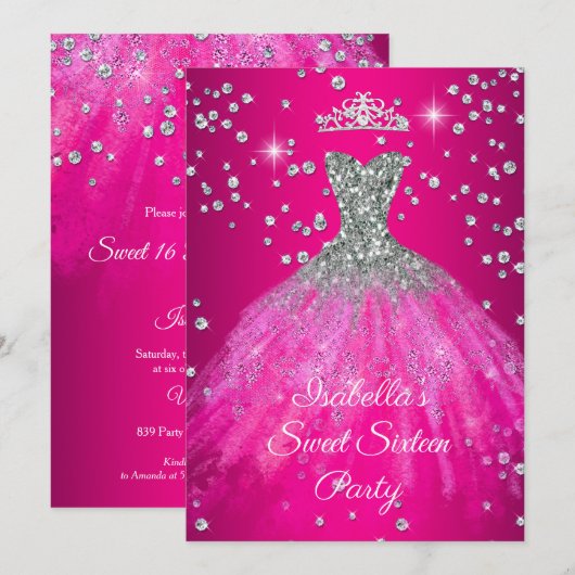 Sweet 16 Party HOT Roze jurk TIARA Kaart (Voorkant / Achterkant)