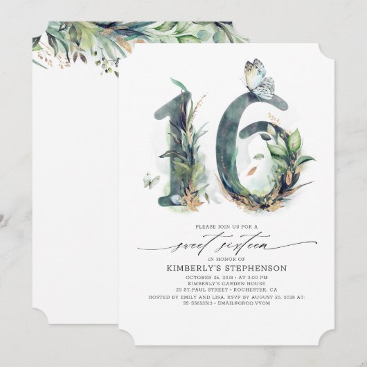 Sweet 16 Party Invitation - Groen en Goud Kaart (Voorkant / Achterkant)