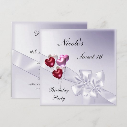 Sweet 16 Party Invitation Mauve red ballons Kaart (Voorkant / Achterkant)