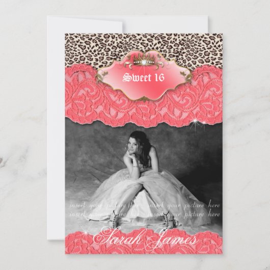Sweet 16 Party Invite Leopard Crown Coral Kaart (Voorkant)