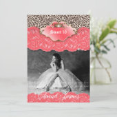 Sweet 16 Party Invite Leopard Crown Coral Kaart (Staand voorkant)