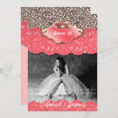 Sweet 16 Party Invite Leopard Crown Coral Kaart (Voorkant / Achterkant)