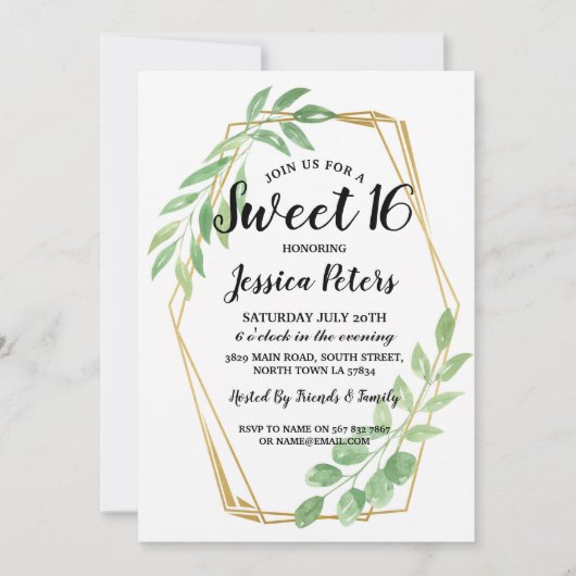 Sweet 16 Party Leaves Gold Lijst Zomer Uitnodiging (Voorkant)