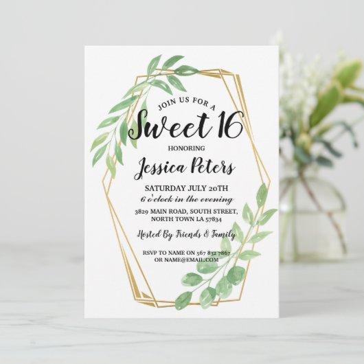 Sweet 16 Party Leaves Gold Lijst Zomer Uitnodiging (Staand voorkant)
