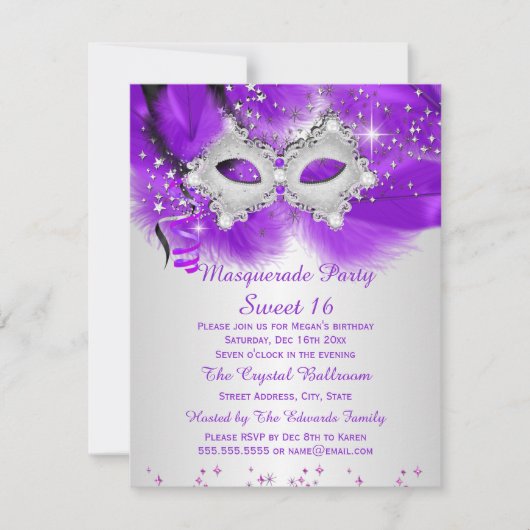 Sweet 16 Party Mask Paars Silver Masquerade Kaart (Voorkant)