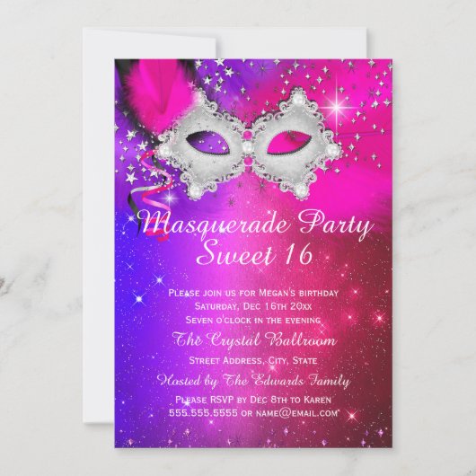 Sweet 16 Party Mask Pink Paars Silver Masquerade Kaart (Voorkant)