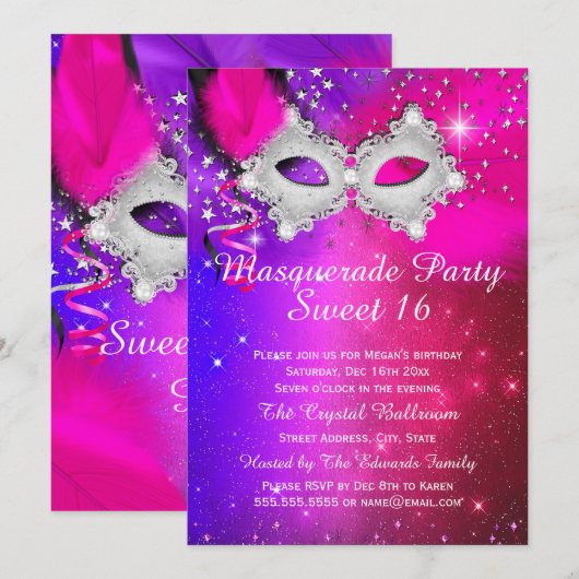 Sweet 16 Party Mask Pink Paars Silver Masquerade Kaart (Voorkant / Achterkant)
