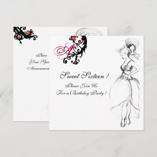 SWEET 16 PARTY MONOGRAM, Red Black White Birthday Kaart (Voorkant / Achterkant)